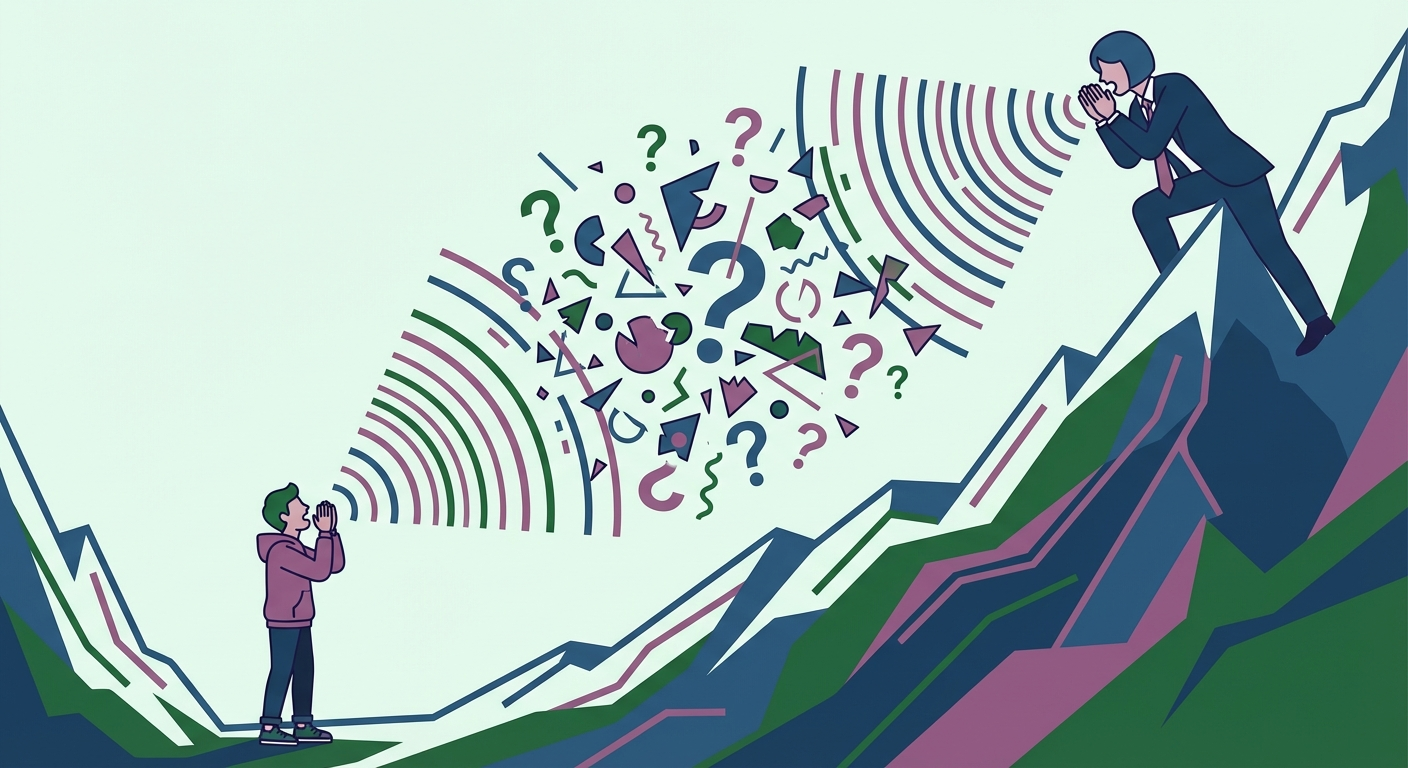 The altitude gap: confusion in both directions. A founder and engineer shouting at each other across a steep mountainside, their messages colliding mid-air and scattering into fragments and question marks.